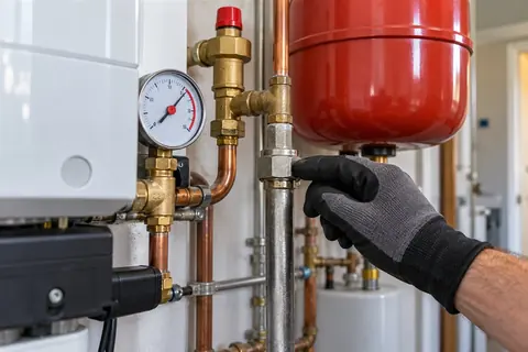 Boiler pipe connections and pressure gauge